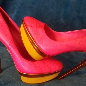 Brian Atwood Pink and Yellow Pump Stiletto heels